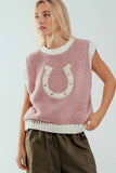 Western Horseshoe Crochet Knit Ribbed Trim Sweater Vest