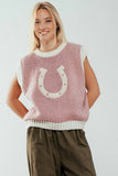 Western Horseshoe Crochet Knit Ribbed Trim Sweater Vest