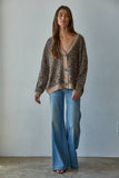 Knit Sweater V-Neck Animal Print Cardigan: Mocha Black