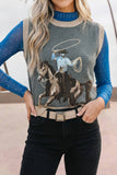 Western Print Colorblock Sleeveless Knit Vest Regular Length: Gray