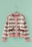 Horse Jacquard Striped Crew Neck Cardigan: Pink