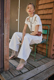 Embroidered Shoulder Western Yoke T-Shirt: OFF WHITE