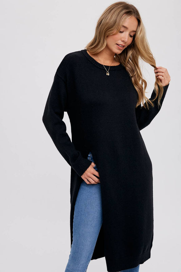 HIGH SLIT LONGLINE PULLOVER: Black