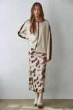 Woven Cow Print Satin Midi Skirt: Taupe Multi