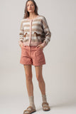 Horse Jacquard Striped Crew Neck Cardigan: Pink