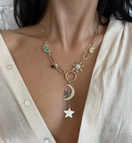 Celestial Coin Charm Hamsa Necklace Lariat Moon