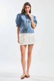 Puff-Sleeve Denim Jacket with Ruffled Collar: MEDIUM DENIM