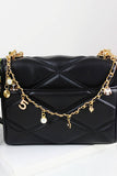 Inspired Pearl&Leather Interwoven Bag Charm Chain Strap: Black