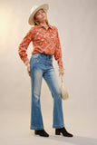 Western Printed Long Sleeve Button-Up Shirt: OFF WHITE RUST