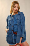 Embroidery Detailed Over Sized Denim Jacket: MED WASH