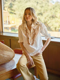 Embroidered Scallop Collar Puff Sleeve Top: OFF WHITE