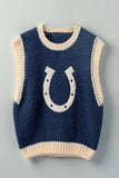 Western Horseshoe Crochet Knit Ribbed Trim Sweater Vest: NAVY