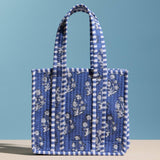 Blue Quilted Floral Mini Tote Bag – Striped Handle Fabric Lunch, Gift & Everyday Carry Bag: Blue