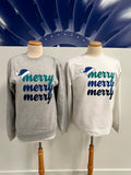 Merry Merry Merry Blue Santa Hat Crew Neck - Heather Grey