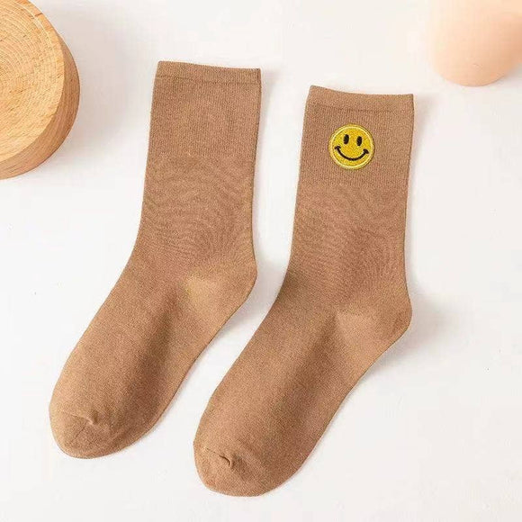 Women happy face Patch Crew Cotton Socks: Khaki