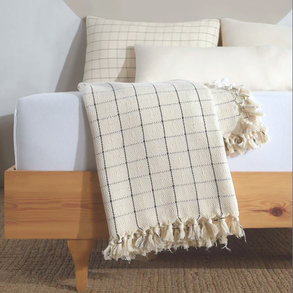 Minimalist 100% Cotton Throw Blankets & Bedspreads Cream Check