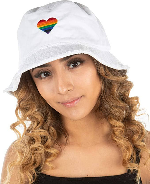 Rainbow Heart Embroidered Bucket Hat - White