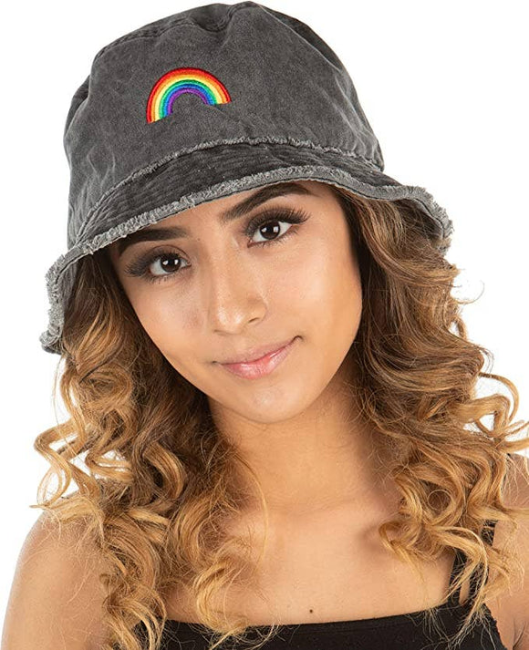 Rainbow Embroidered Bucket Hat - Washed Black