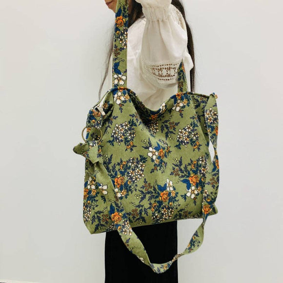 Vintage Floral Corduroy Tote Bag
