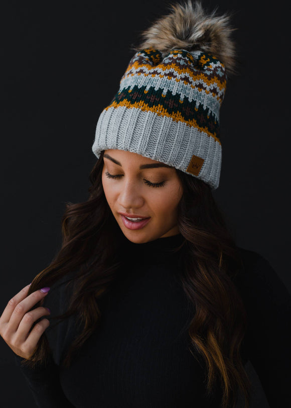 Gray & Multicolored Patterned Pom Hat