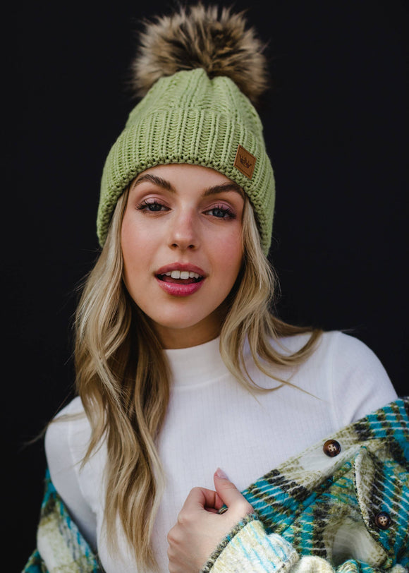 Light Green Cable Knit Pom Hat