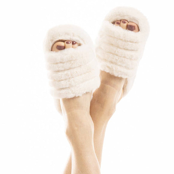 Solid Faux Fur Slippers for Women: Cream