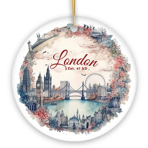 Vintage London Watercolor Style Painting Ceramic Ornament